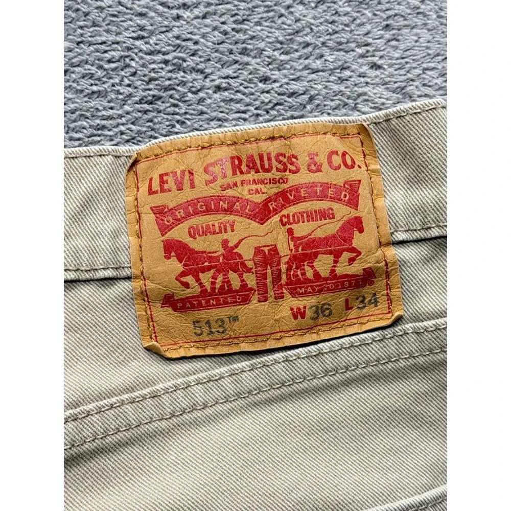 Levis 513 Jeans Mens Measured 36x32 Beige Slim Straight‎ Denim Stretch Zip Fly